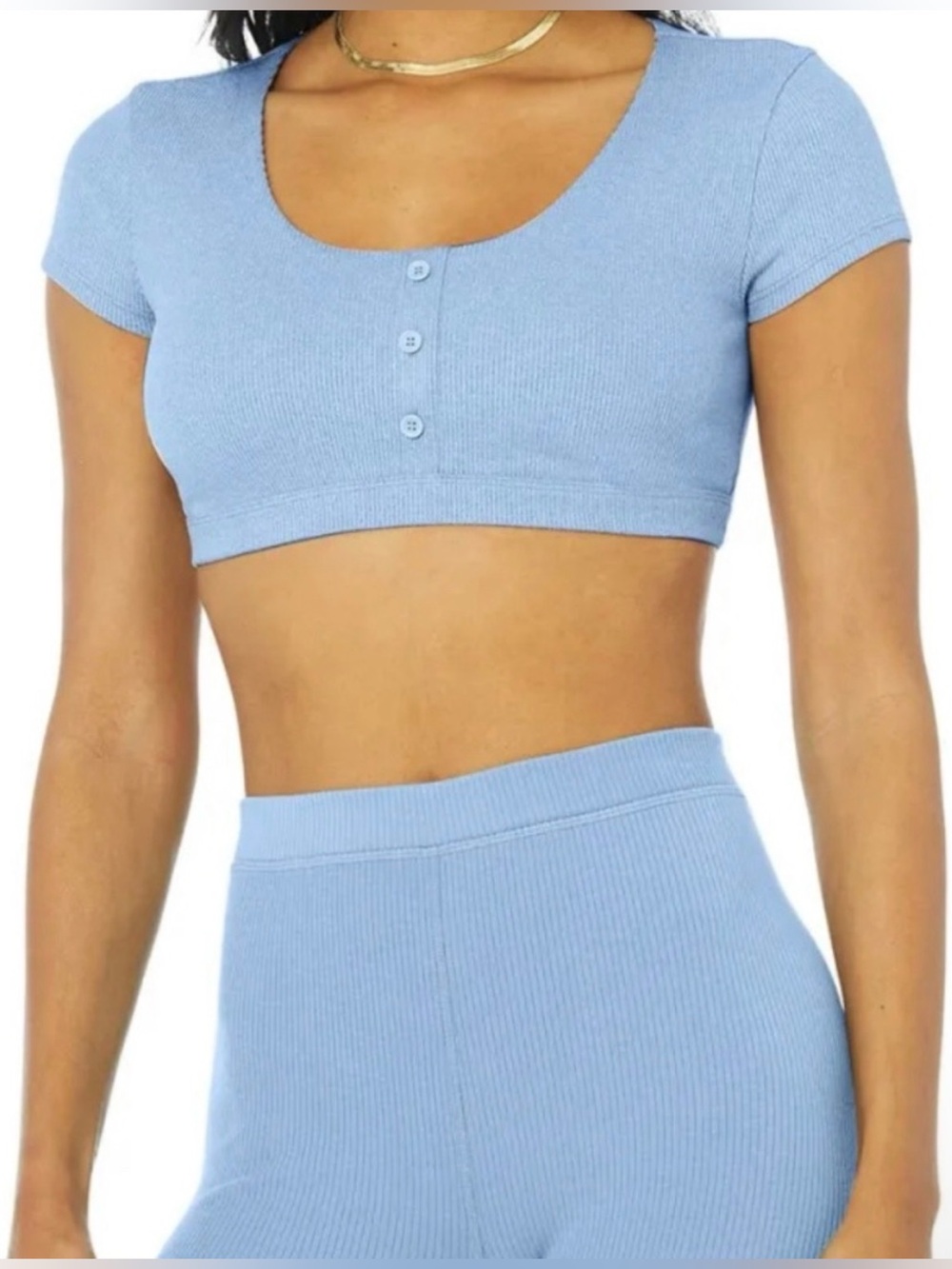 Alo Blissful Henley Bra Top, Blue Skies